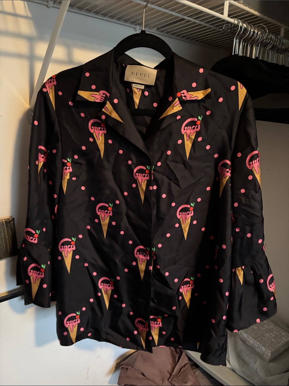 Gucci Black Silk Ice Cream Cone Print Shirt Jacket